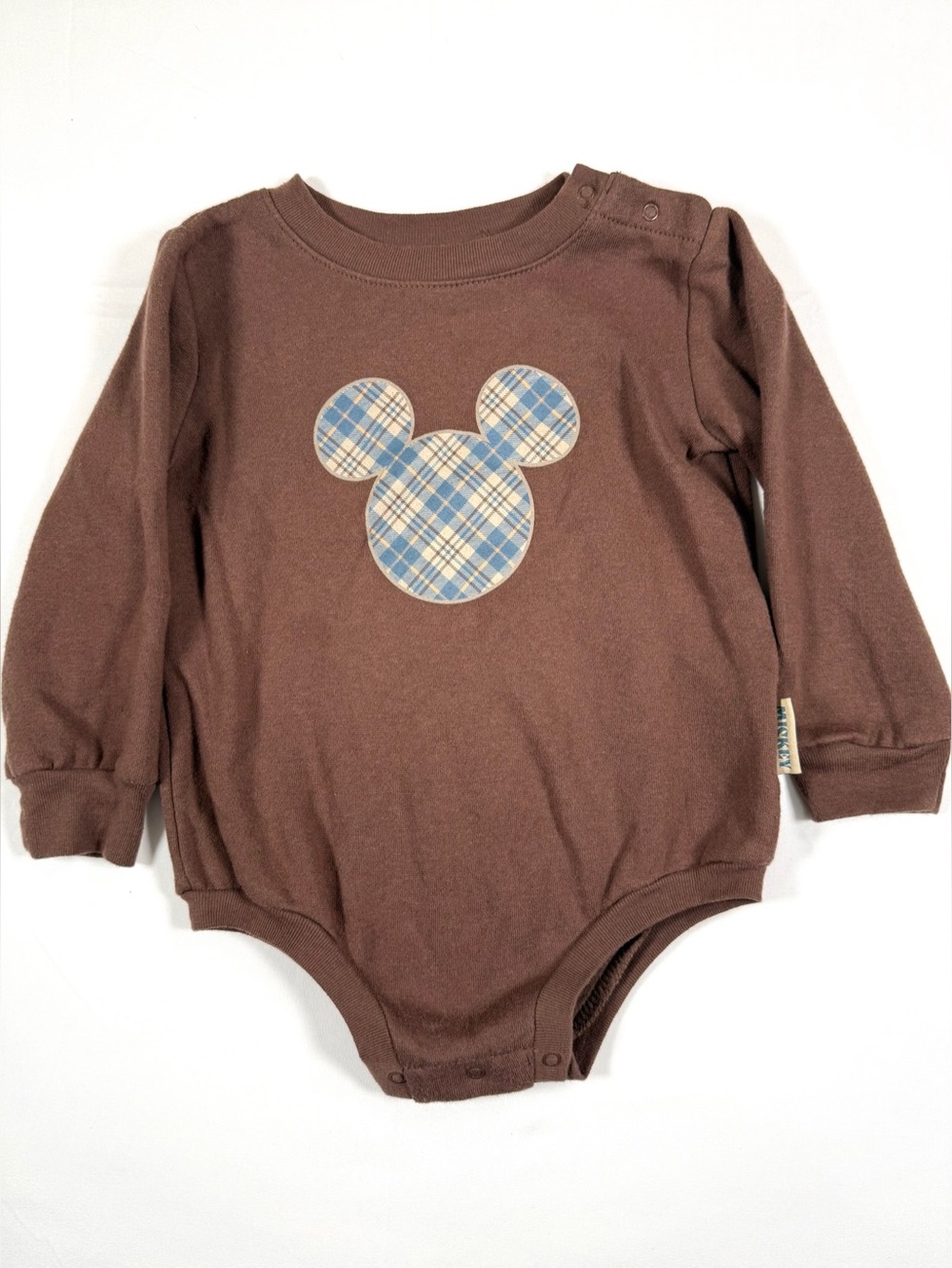 DISNEY BABY Mickey Mouse Plaid Long Sleeve Bodysuit Brown‎ 18M Snap Bottom